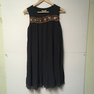 Anthro Navy Pleated Darling Shift Dress Rhinestone